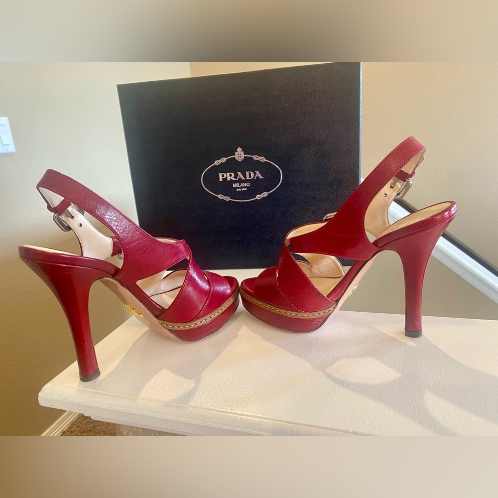 Prada Platform Red Sandals Slingback Heels - Picture 8 of 14